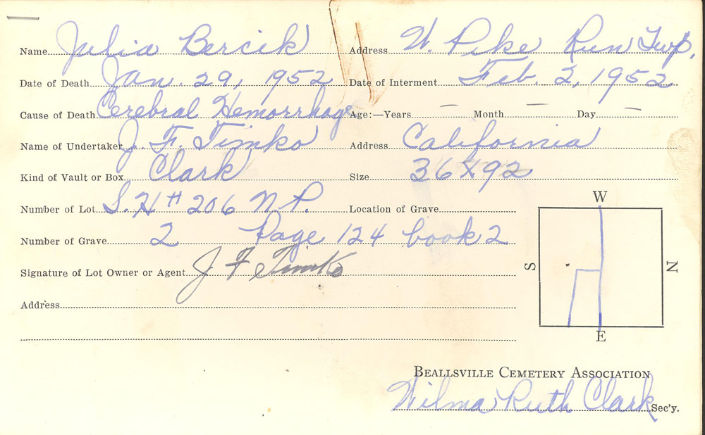 Julia Bercik  burial card